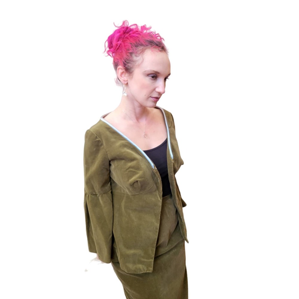 Vintage Velvet Olive Green Suit - 60s style bell sleeves pencil skirt